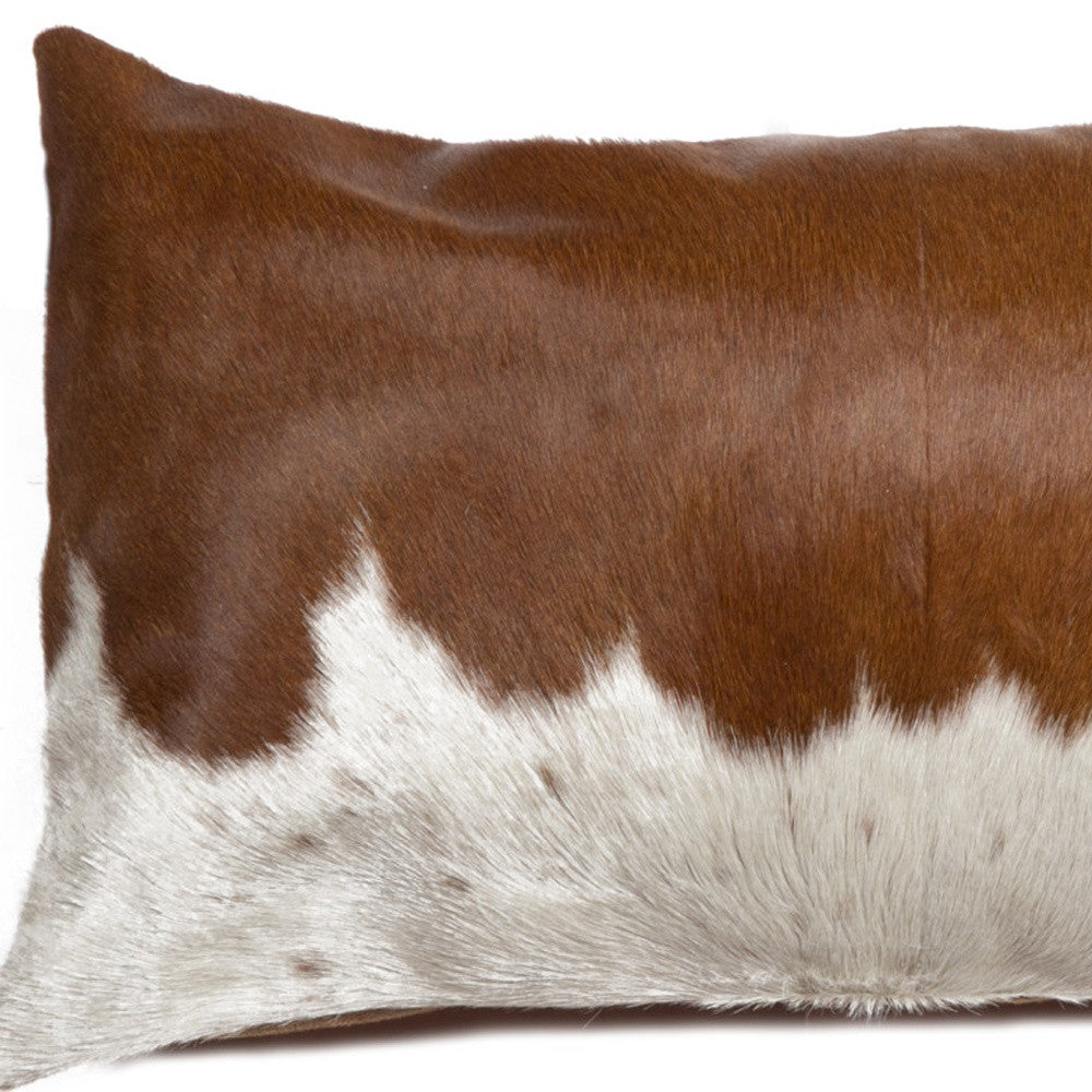 12" X 20" Brown and White Cowhide Throw Pillow