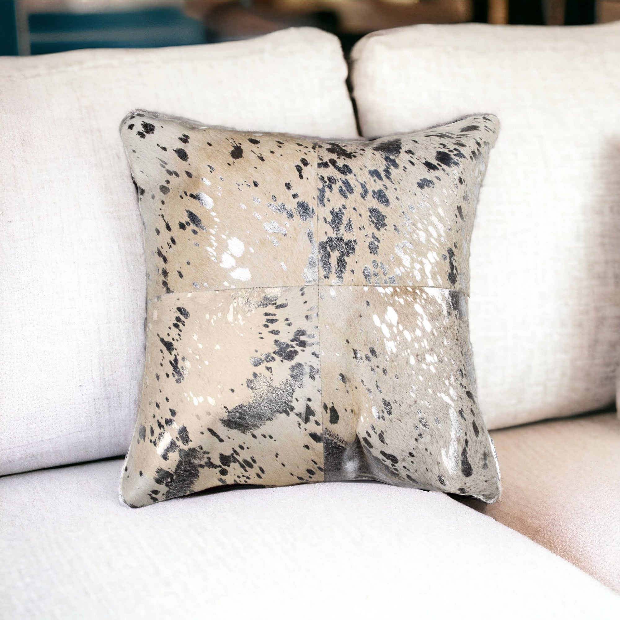 18" Silver and Gray Cowhide Throw Pillow