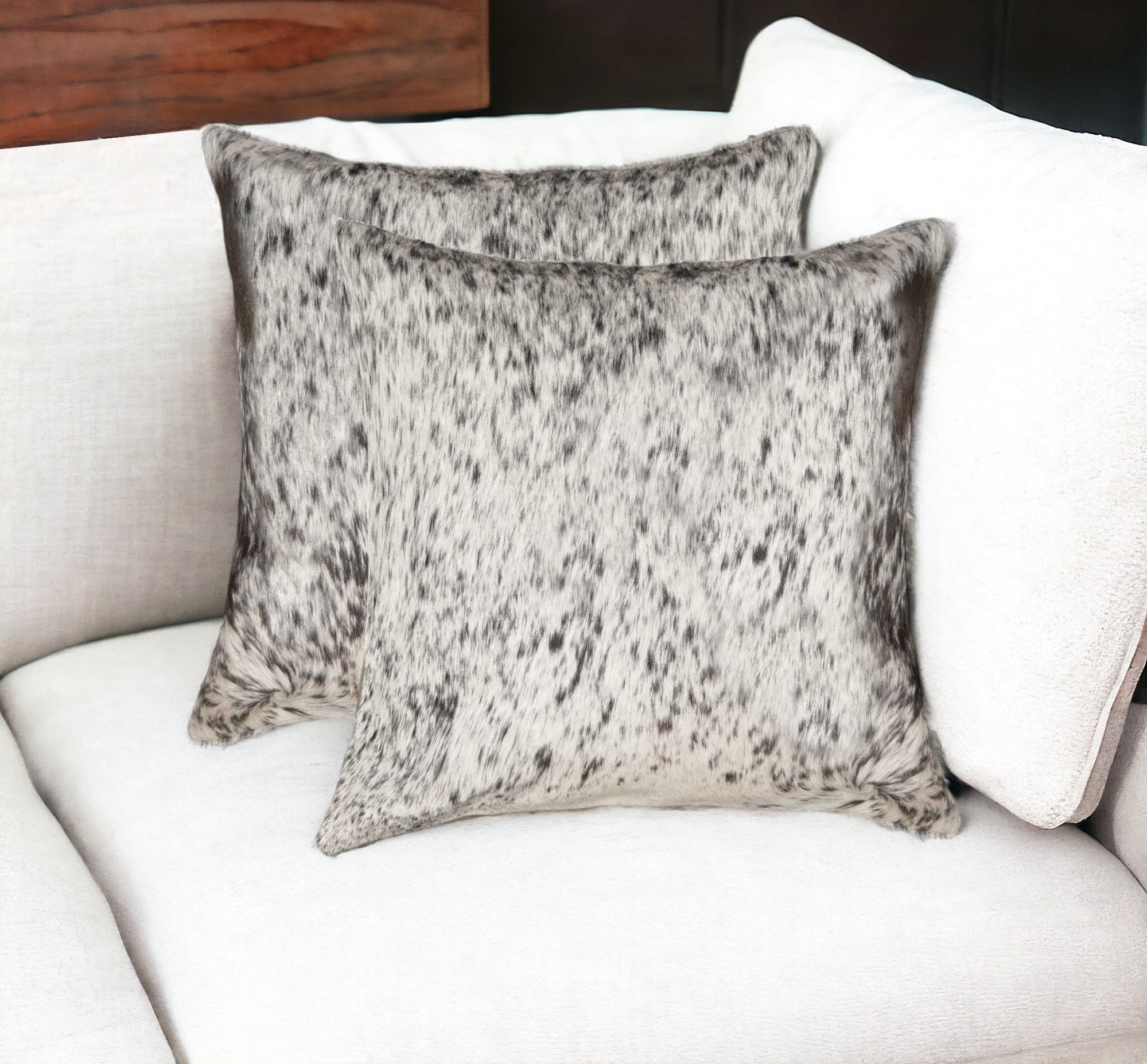 Set of Two 18" Gray and White Cowhide Throw Pillow