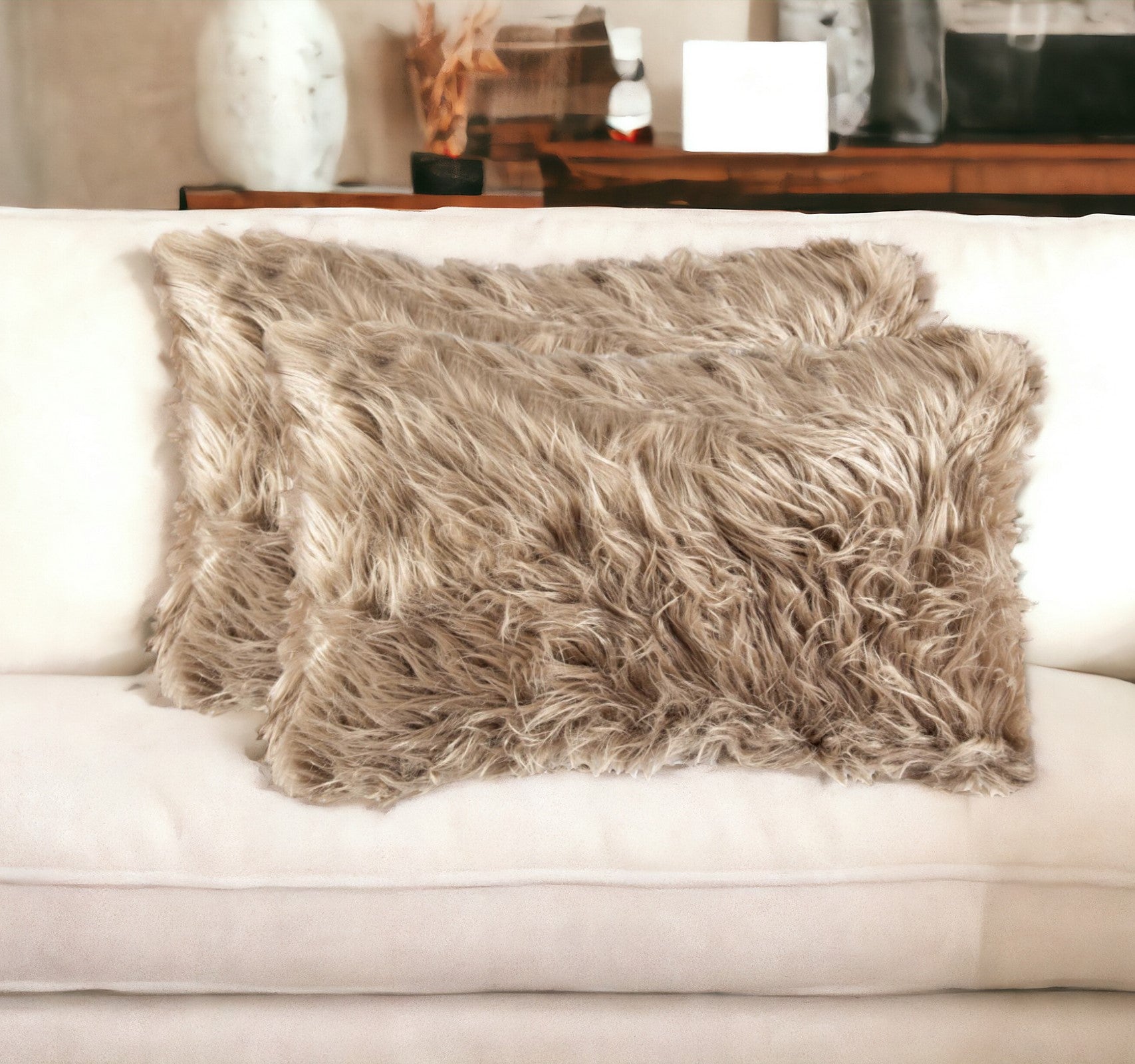 Set of Two 12" X 20" Tan Faux Fur Throw Pillow