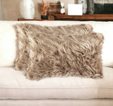 Set of Two 12" X 20" Tan Faux Fur Throw Pillow