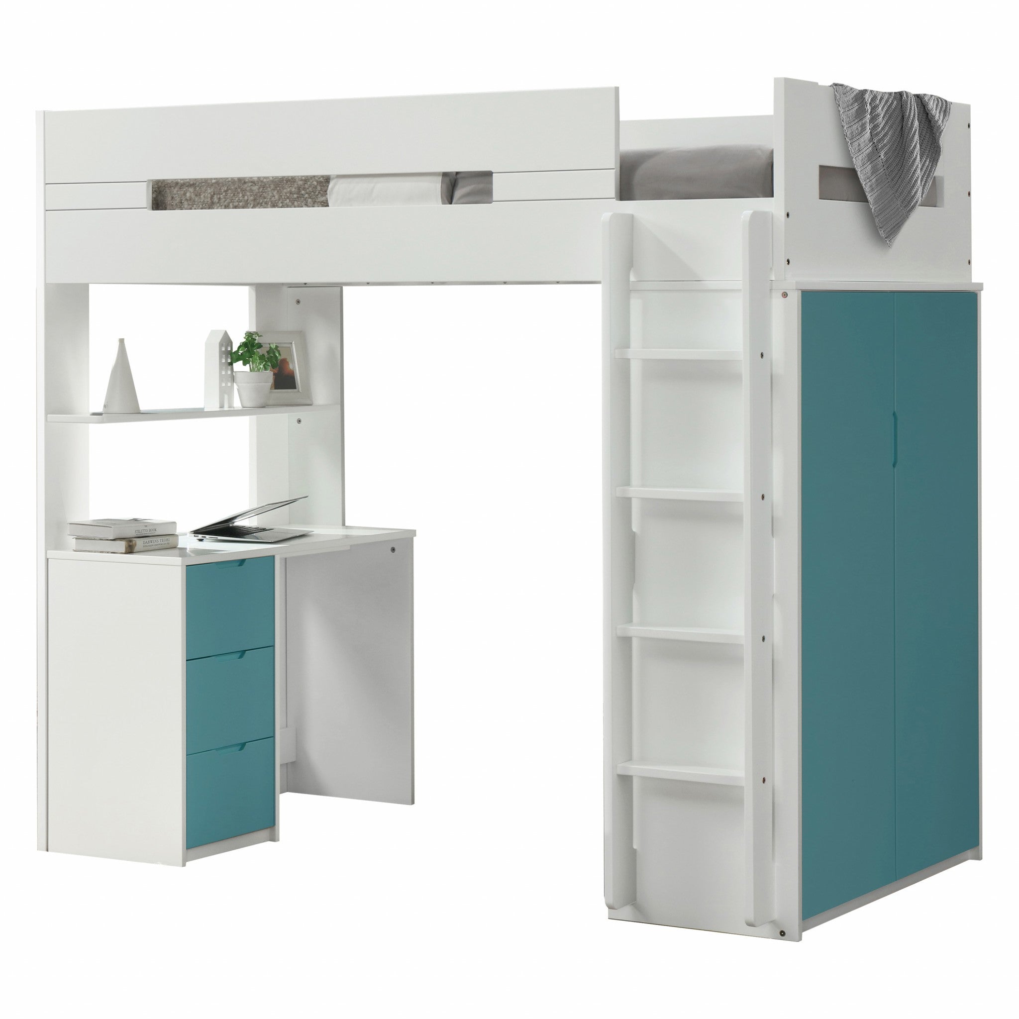 White And Gray Twin Loft Bed And Desk