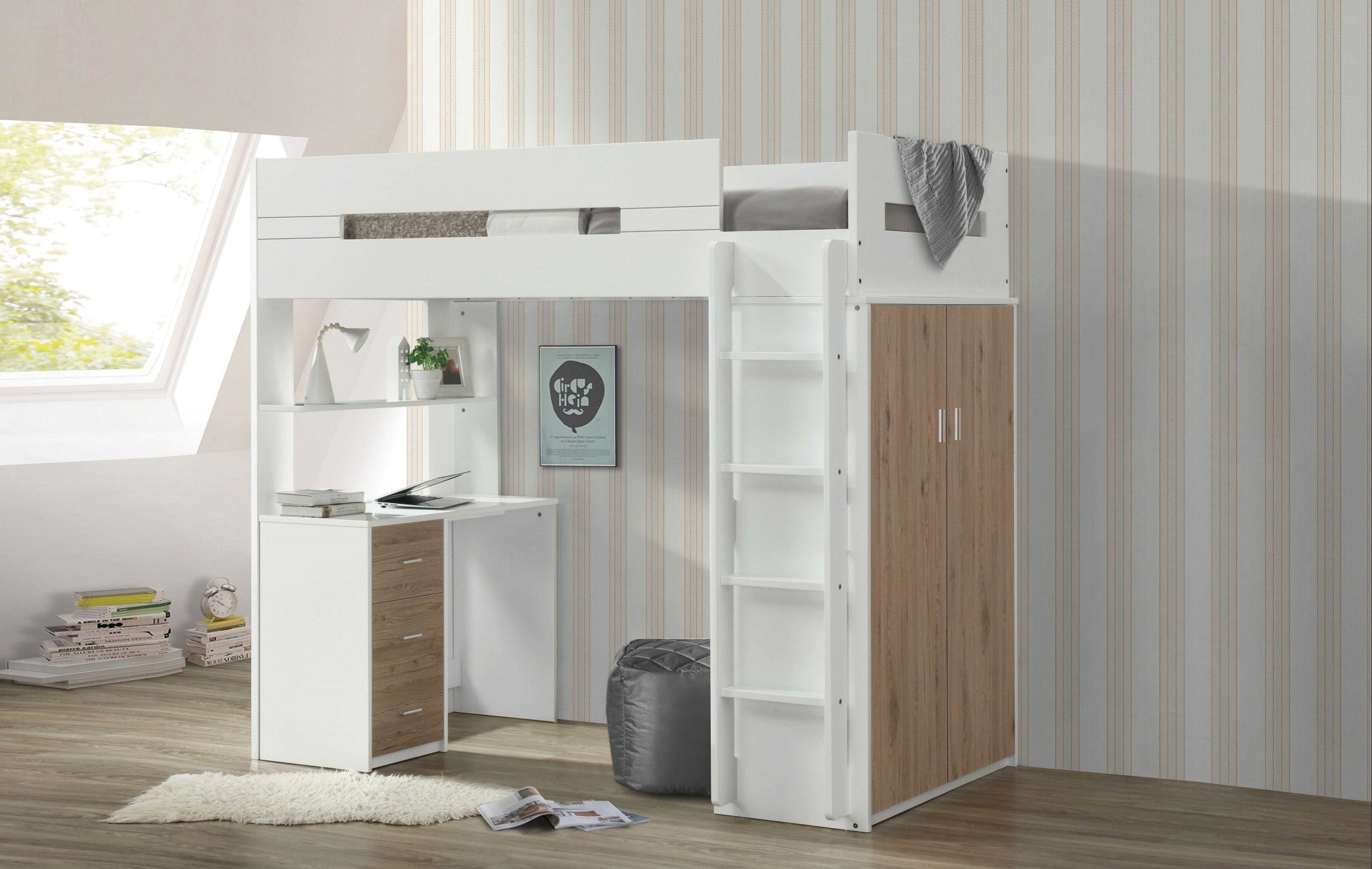 White And Natural Twin Loft Bed And Desk