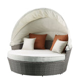Set Of Two Beige Fabric And Gray Wicker Patio Canopy Daybed