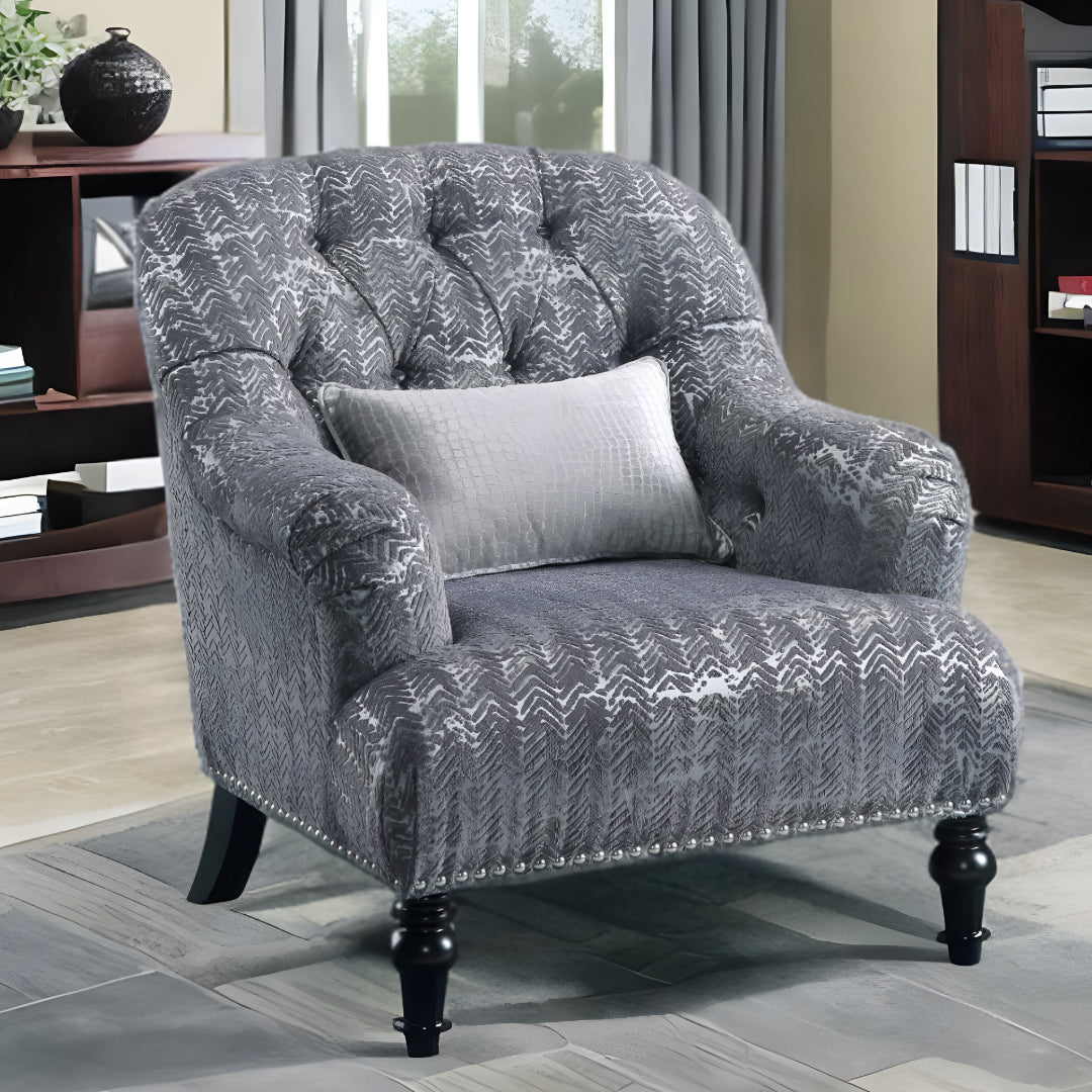 34" Gray And Black Fabric Geometric Tufted Arm Chair