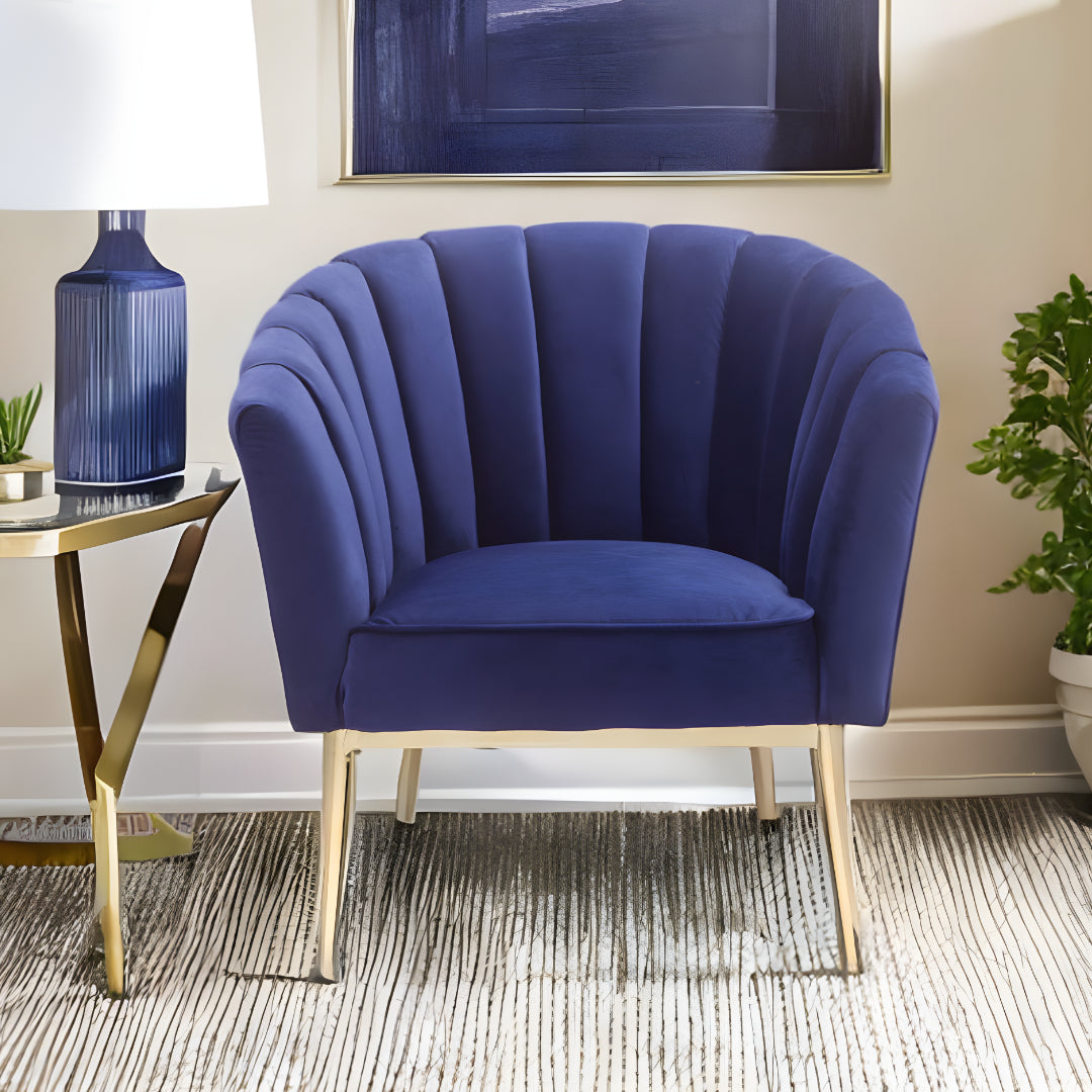 32" Blue And Copper Velvet Tufted Barrel Chair