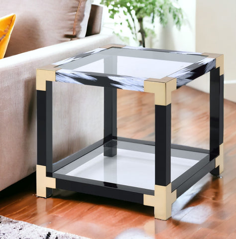 25" Black and Gold And Clear Glass Square End Table With Shelf With Magazine Holder