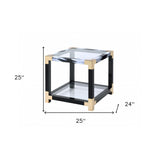 25" Black and Gold And Clear Glass Square End Table With Shelf With Magazine Holder