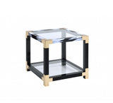 25" Black and Gold And Clear Glass Square End Table With Shelf With Magazine Holder