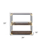 33" Black and Gold And Clear Glass End Table With Two Shelves With Magazine Holder