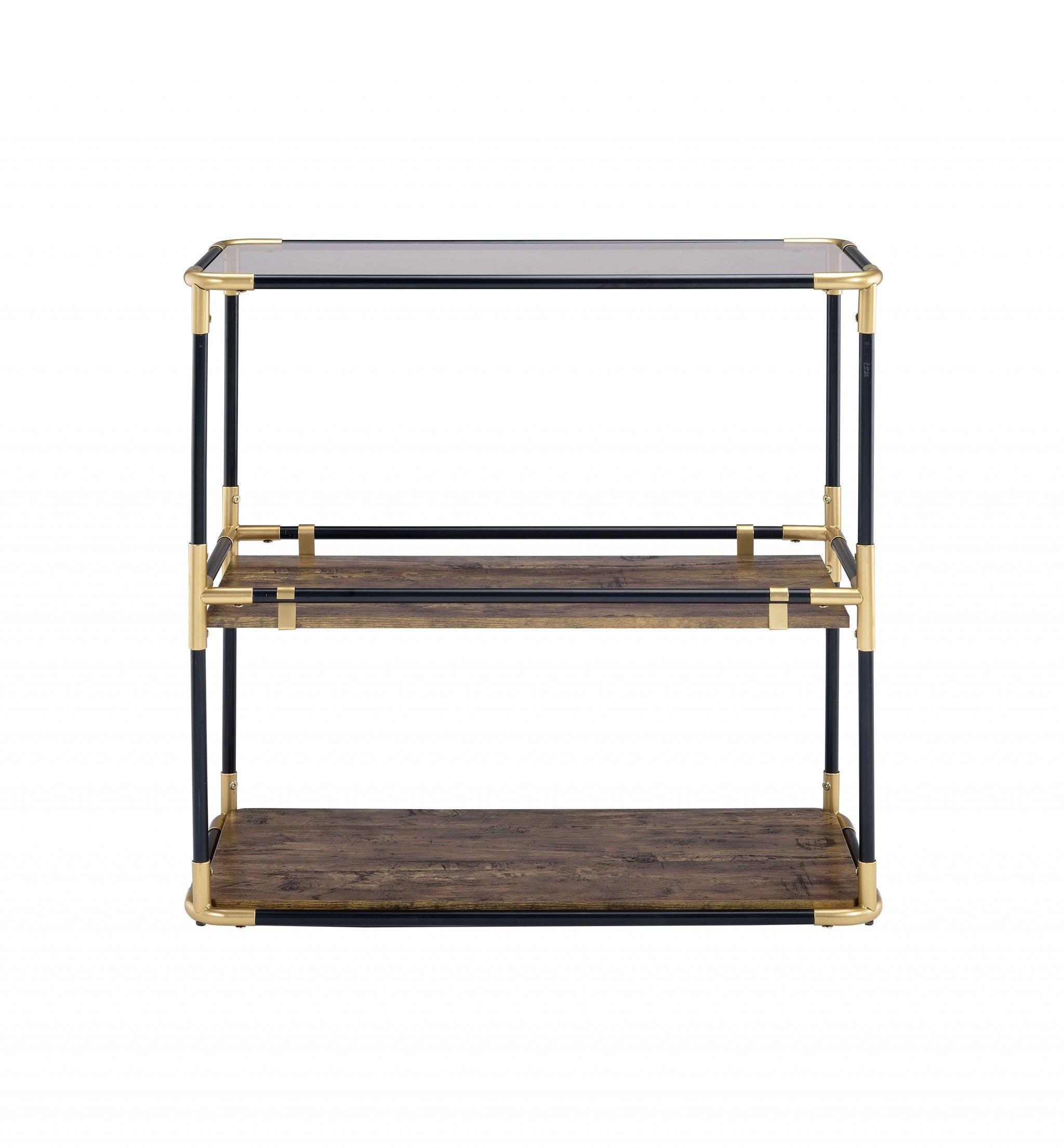 33" Black and Gold And Clear Glass End Table With Two Shelves With Magazine Holder