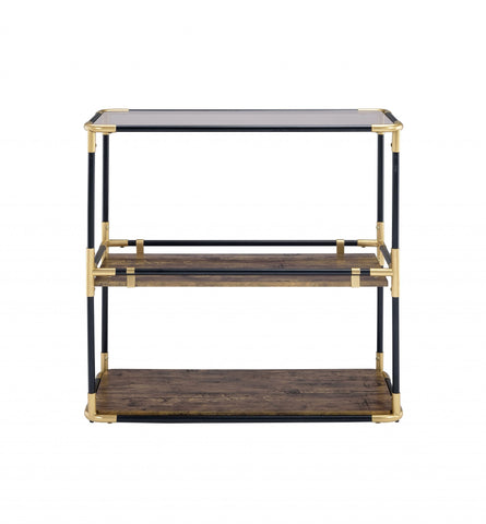 33" Black and Gold And Clear Glass End Table With Two Shelves With Magazine Holder