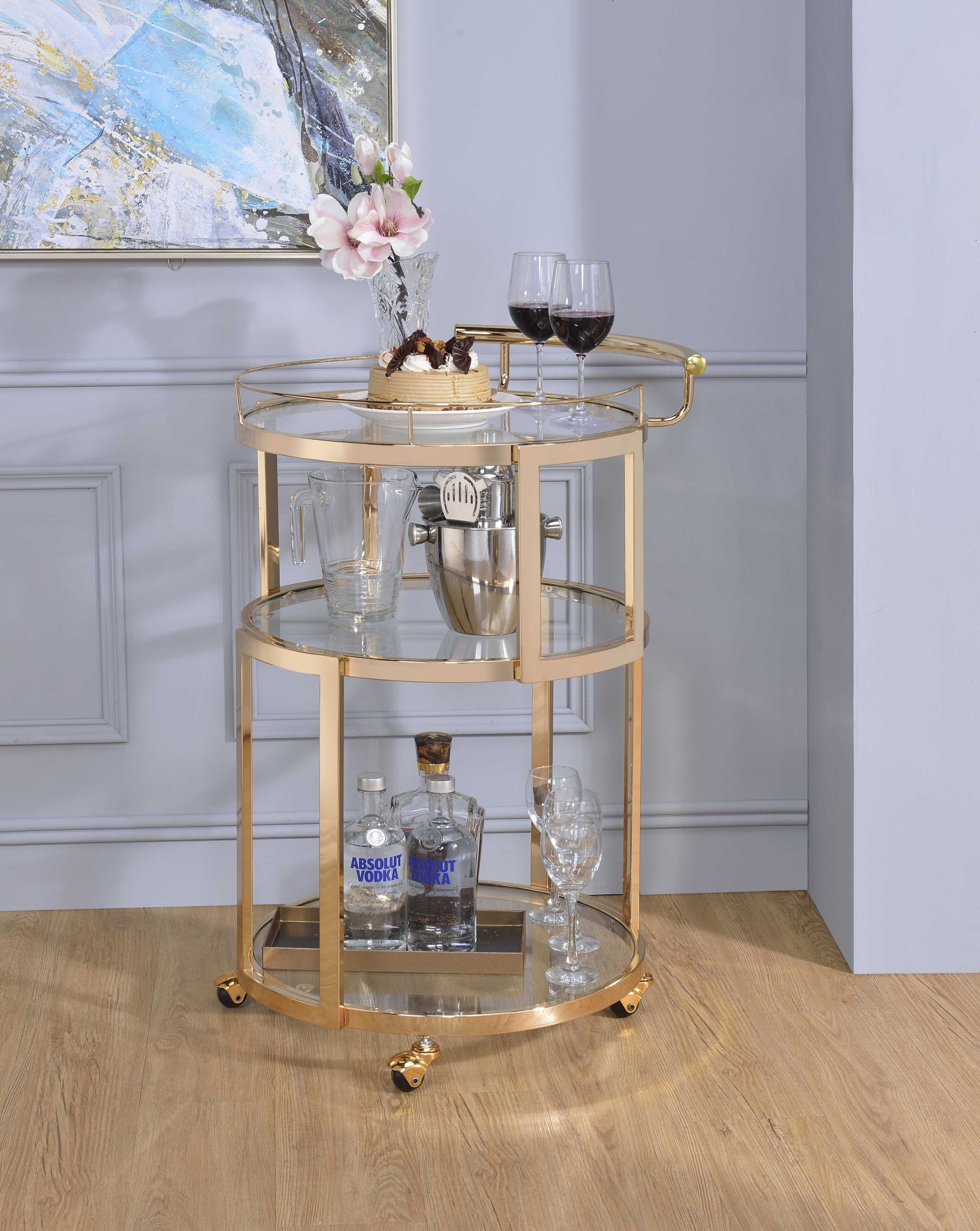 40" X 16" X 37" Gold And Clear Glass Serving Cart