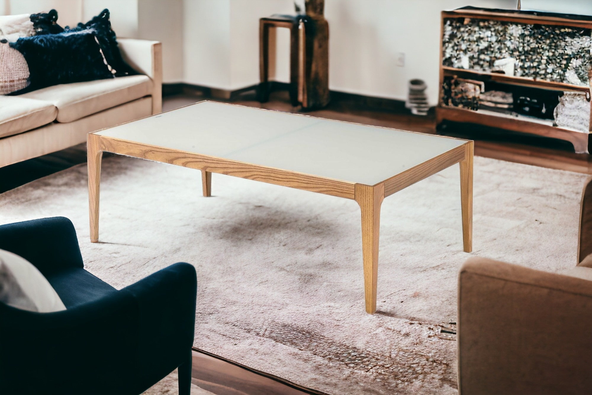 43" White And Natural Glass Coffee Table