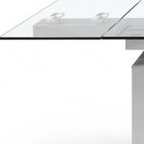 63" Clear and Silver Glass and Stainless Steel Self-Storing Leaf Dining Table