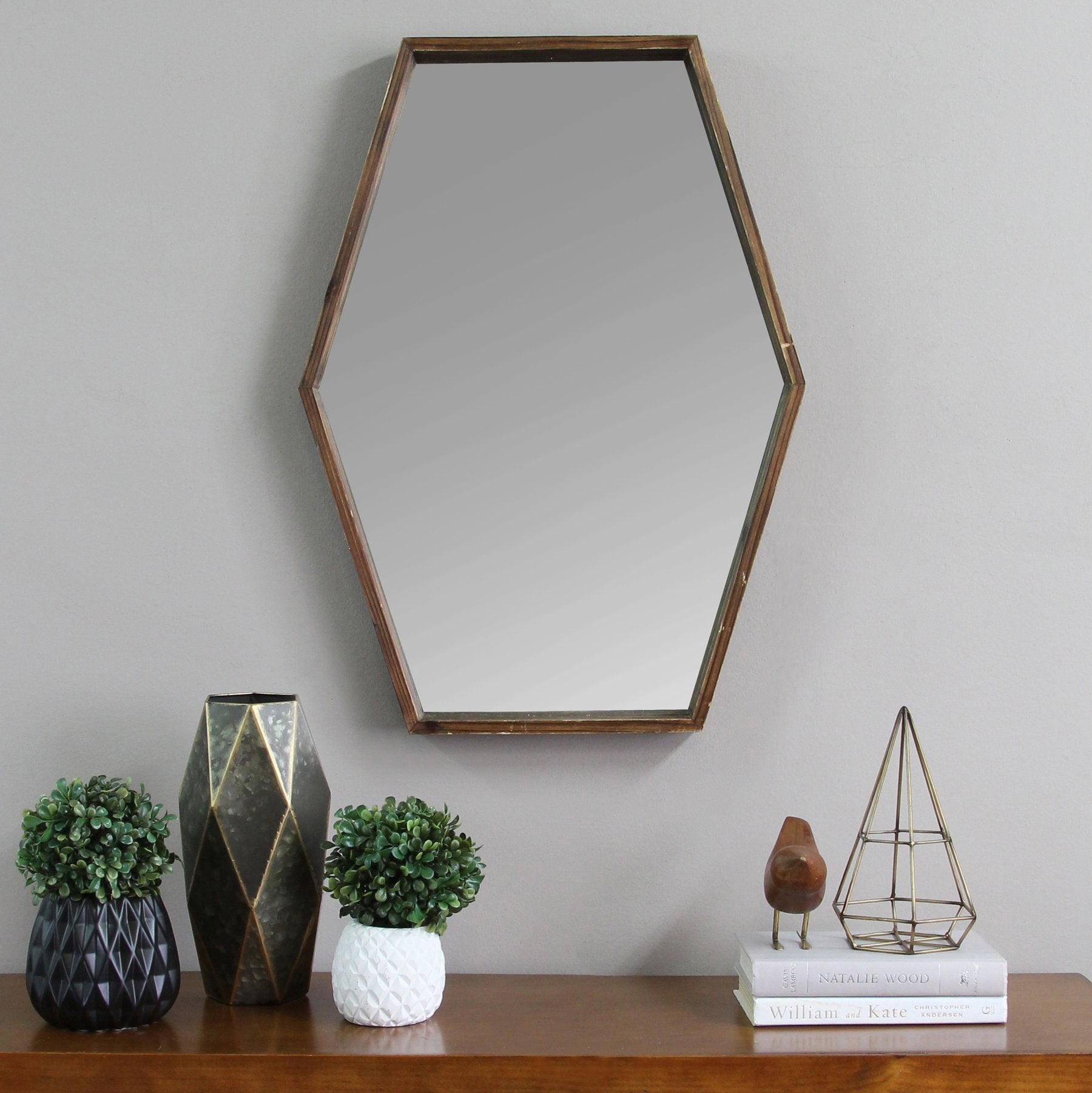 Dark Wood Hexagonal Frame Wall Mirror