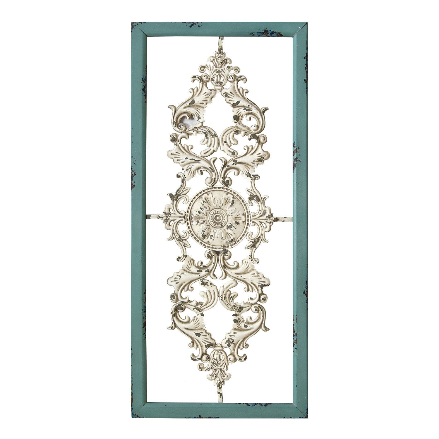 Distressed White And Turquoise Framed Scroll Metal Panel