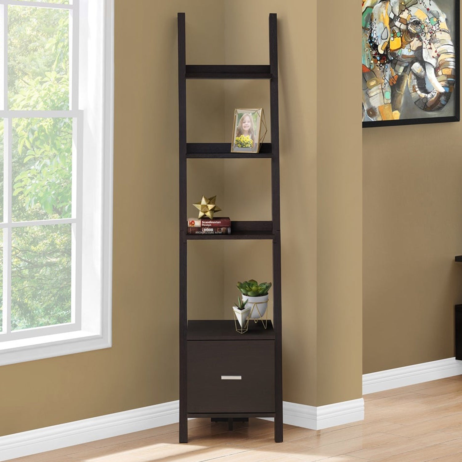69" Cappuccino Wood Ladder Bookcase