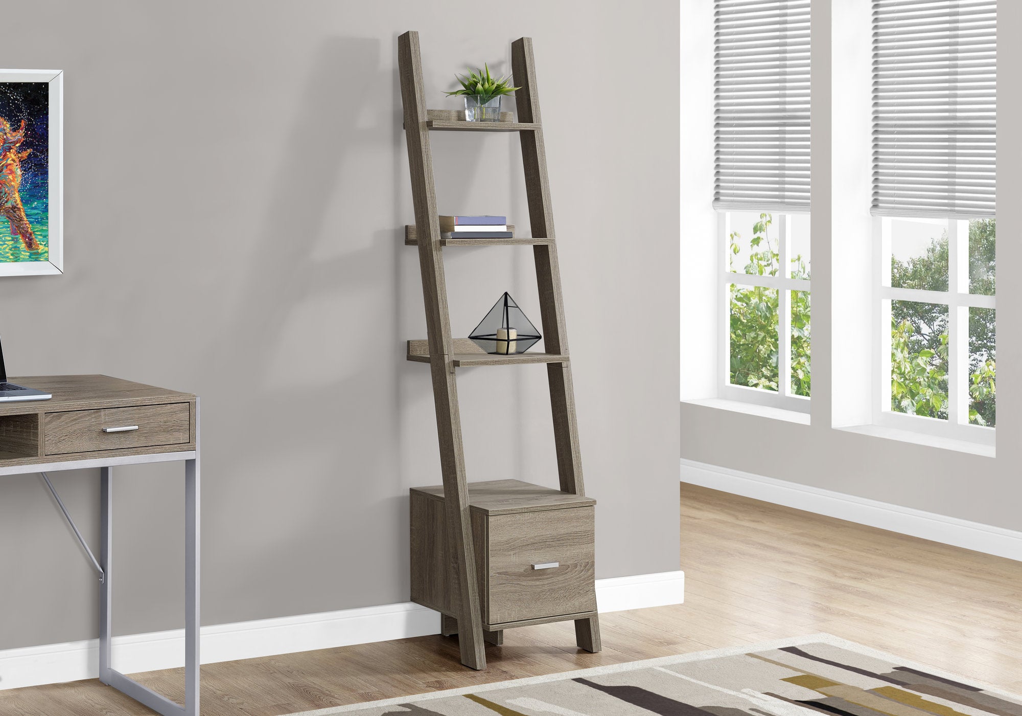 69" Particle Board Ladder Bookcase With A Storage Drawer