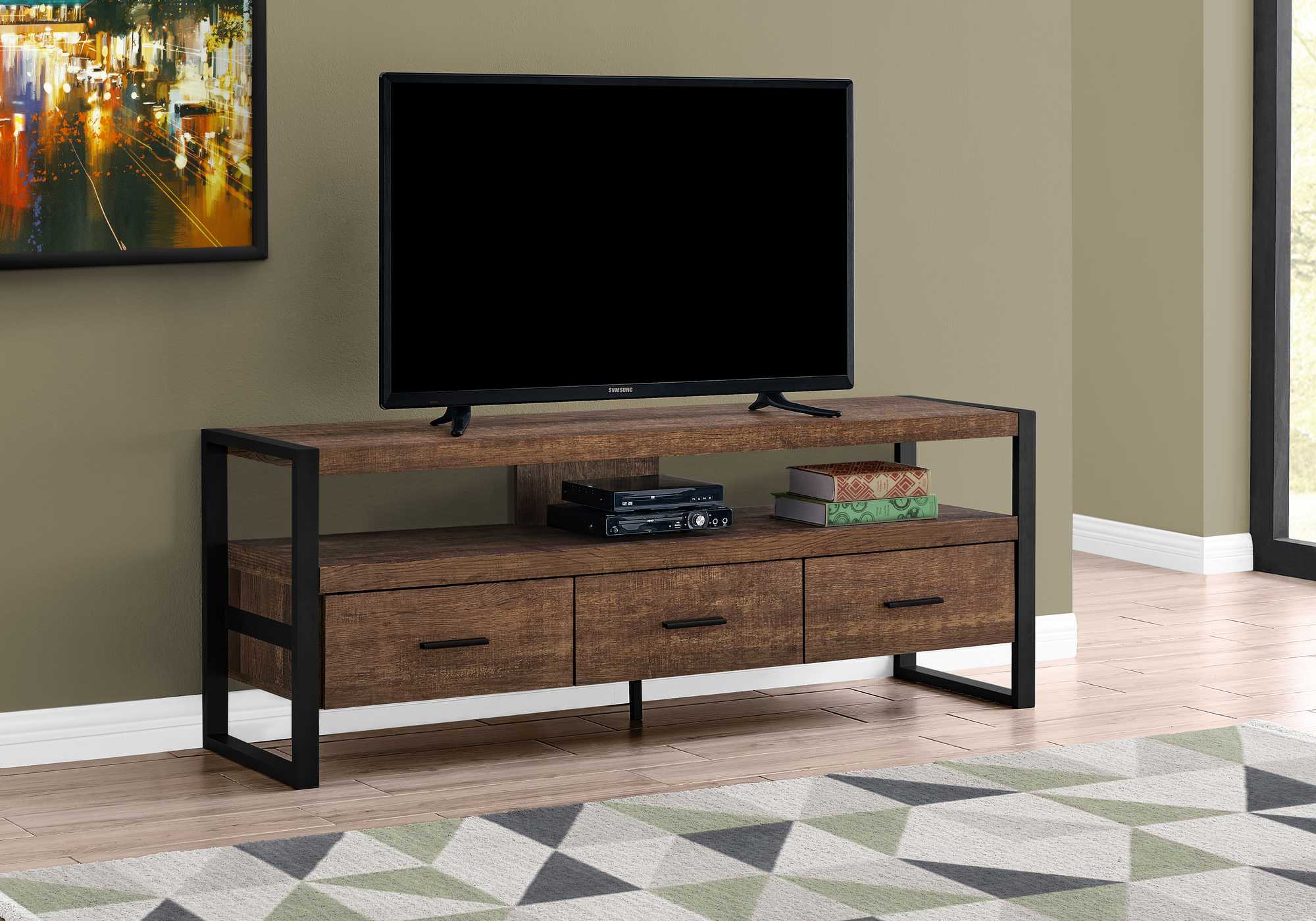 21.75" Particle Board Hollow Core & Black Metal Tv Stand With 3 Drawers