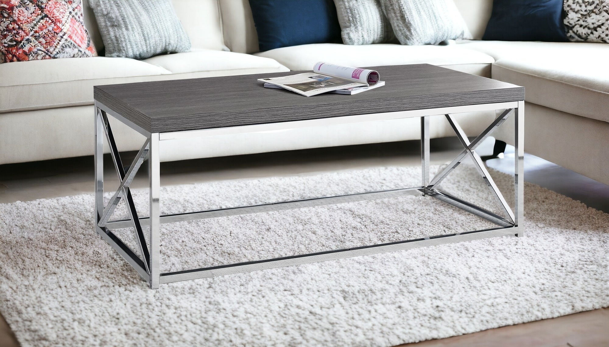 44" Gray And Silver Iron Coffee Table