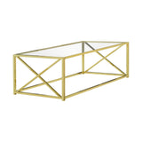 44" Clear And Gold Glass And Iron Coffee Table