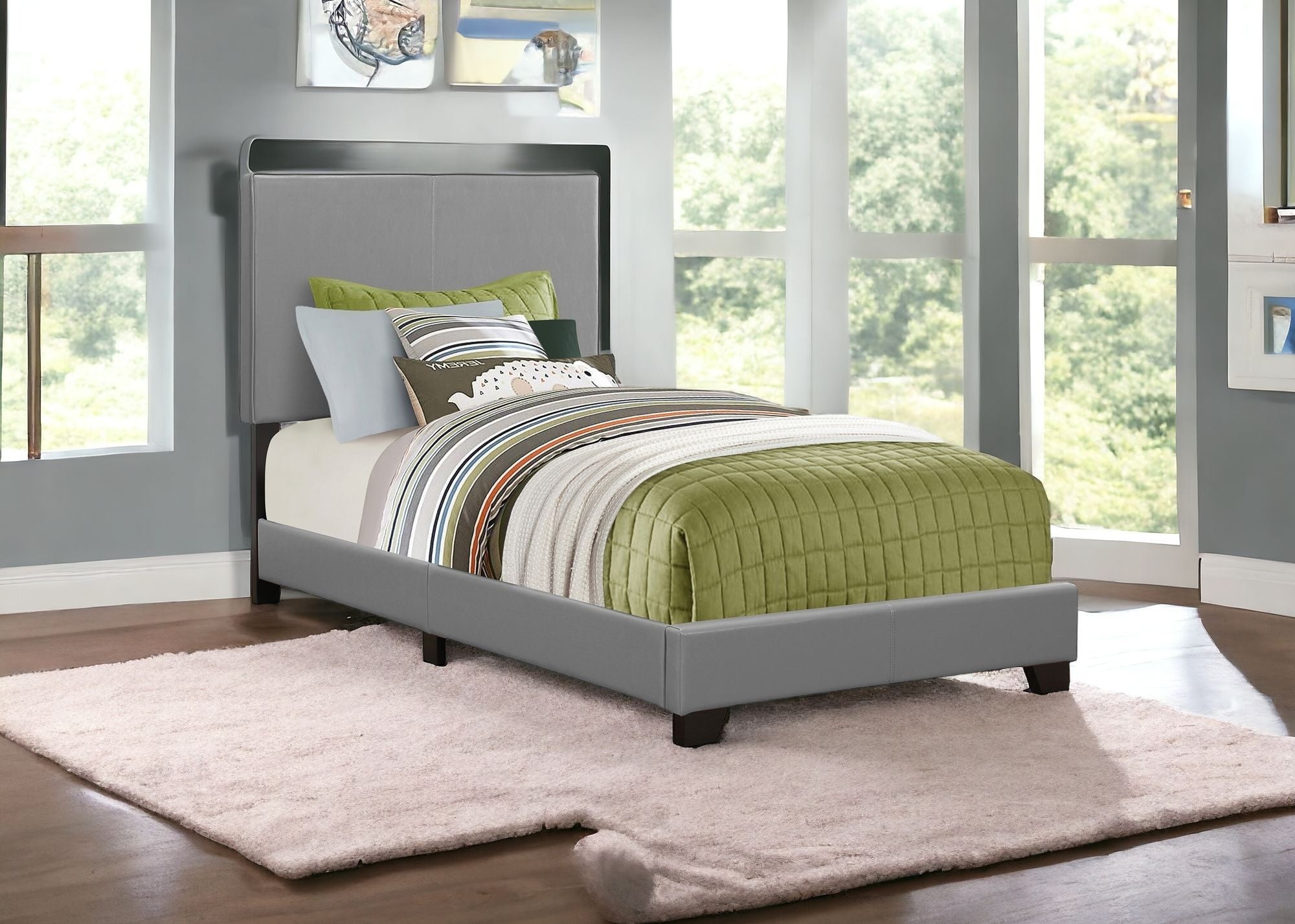 Solid Wood Twin Gray Upholstered Faux Leather Bed