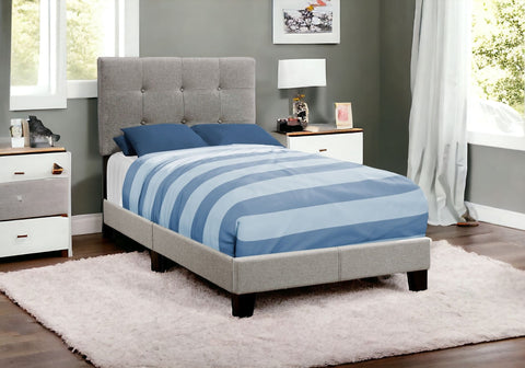 Twin Tufted Gray Upholstered Linen Bed With Nailhead Trim