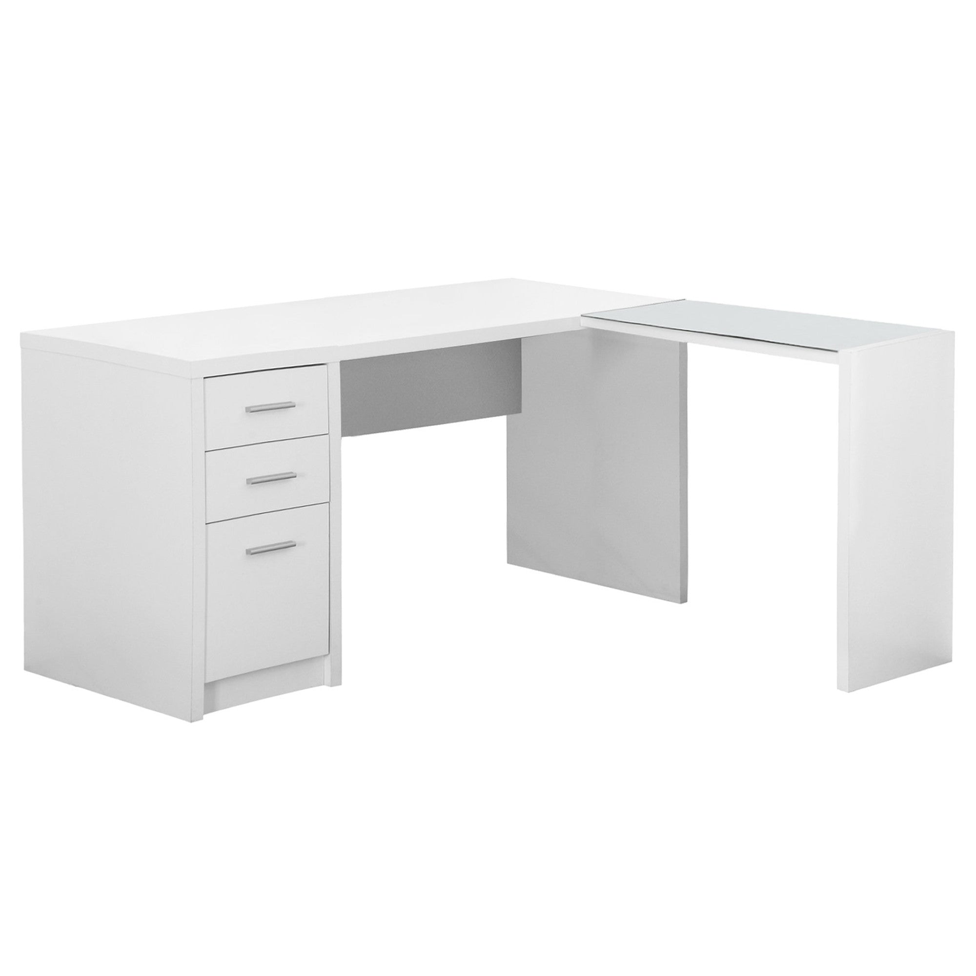 55" White Glass L Shape Computer Desk With Three Drawers