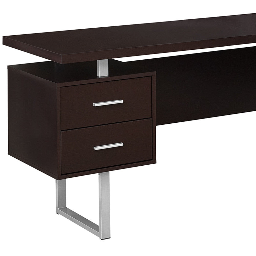 71" Brown and Silver L Shape Computer Desk With Three Drawers