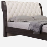 Solid Wood Queen Tufted Beige Upholstered Faux Leather Bed With Nailhead Trim