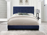 Dark Blue Standard Bed Upholstered With Nailhead Trim And With Headboard