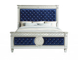 Queen Tufted Blue Upholstered Velvet Bed With Nailhead Trim