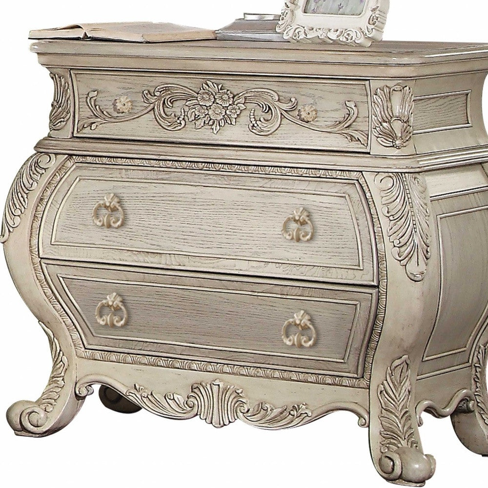 34" Antiqued White Three Drawers Solid Wood Nightstand
