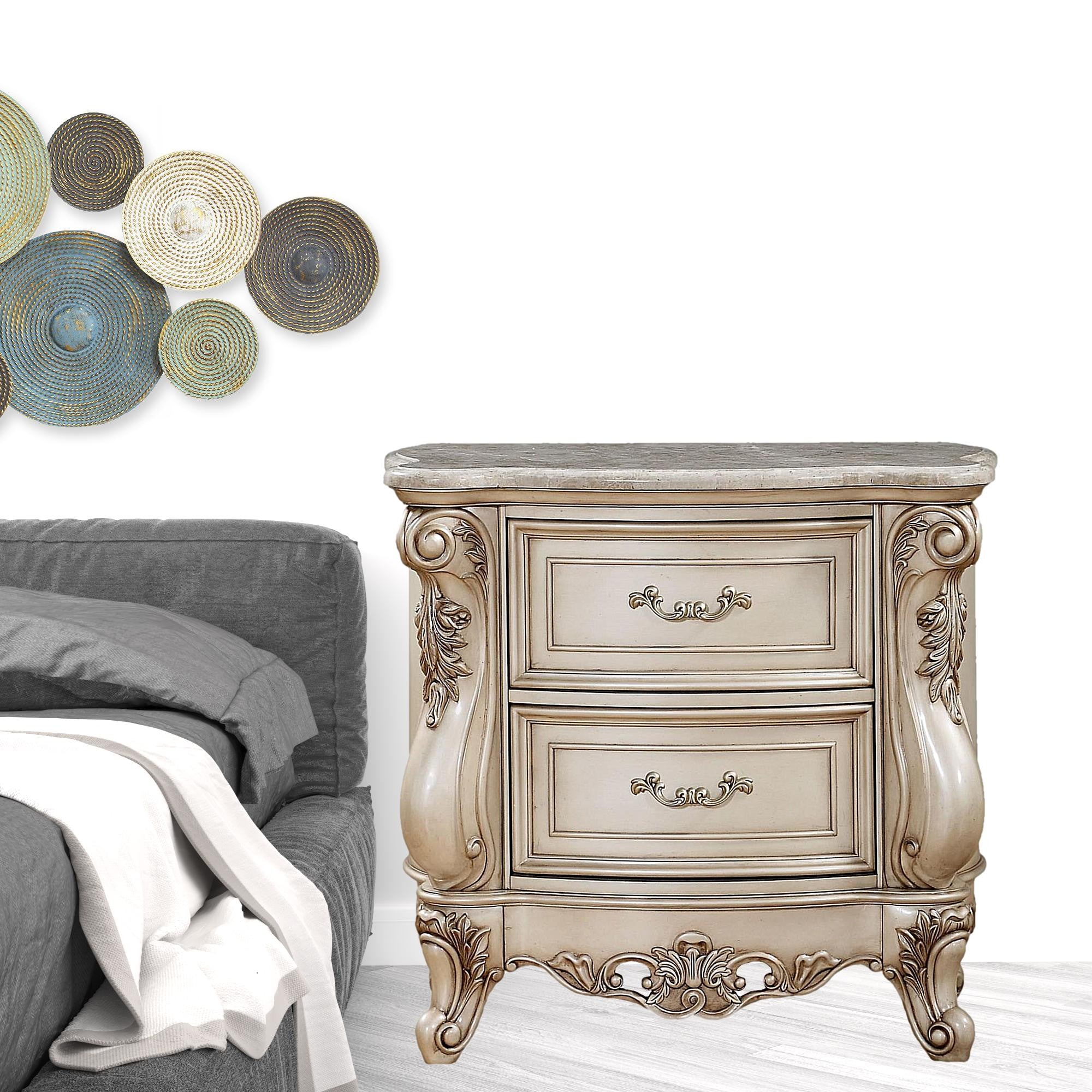 32" Antiqued White Two Drawers Mirrored Nightstand