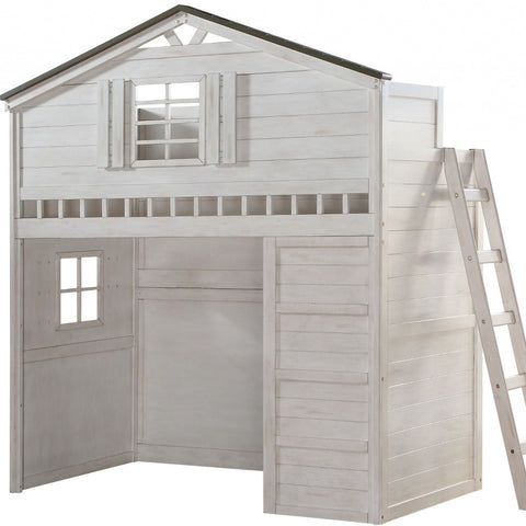 43" X 80" X 88" Weathered White Washed Gray Wood Loft Bed (Twin Size)