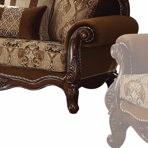 69" Brown Polyester Blend Damask Chesterfield Loveseat and Toss Pillows