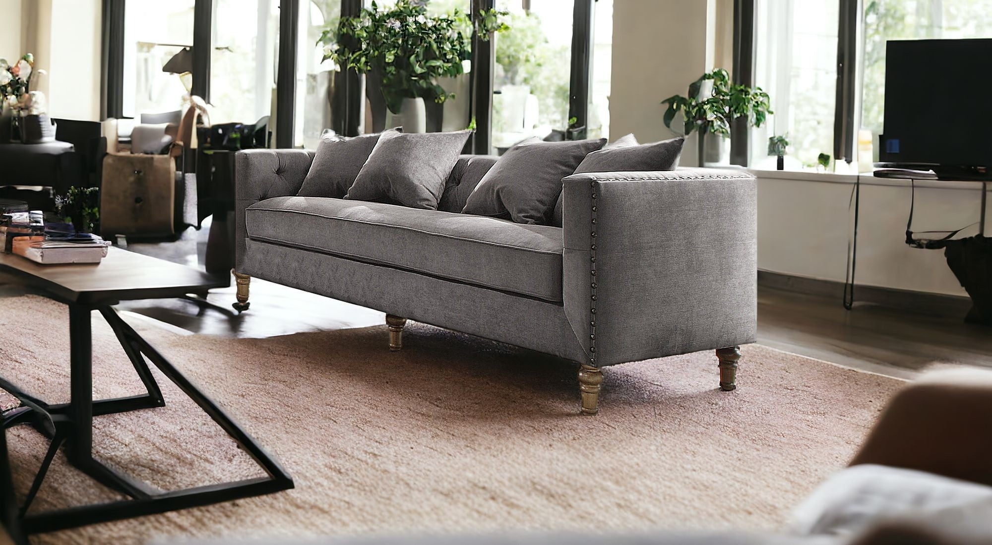 34" X 84" X 31" Gray Velvet Upholstery Sofa w4 Pillows