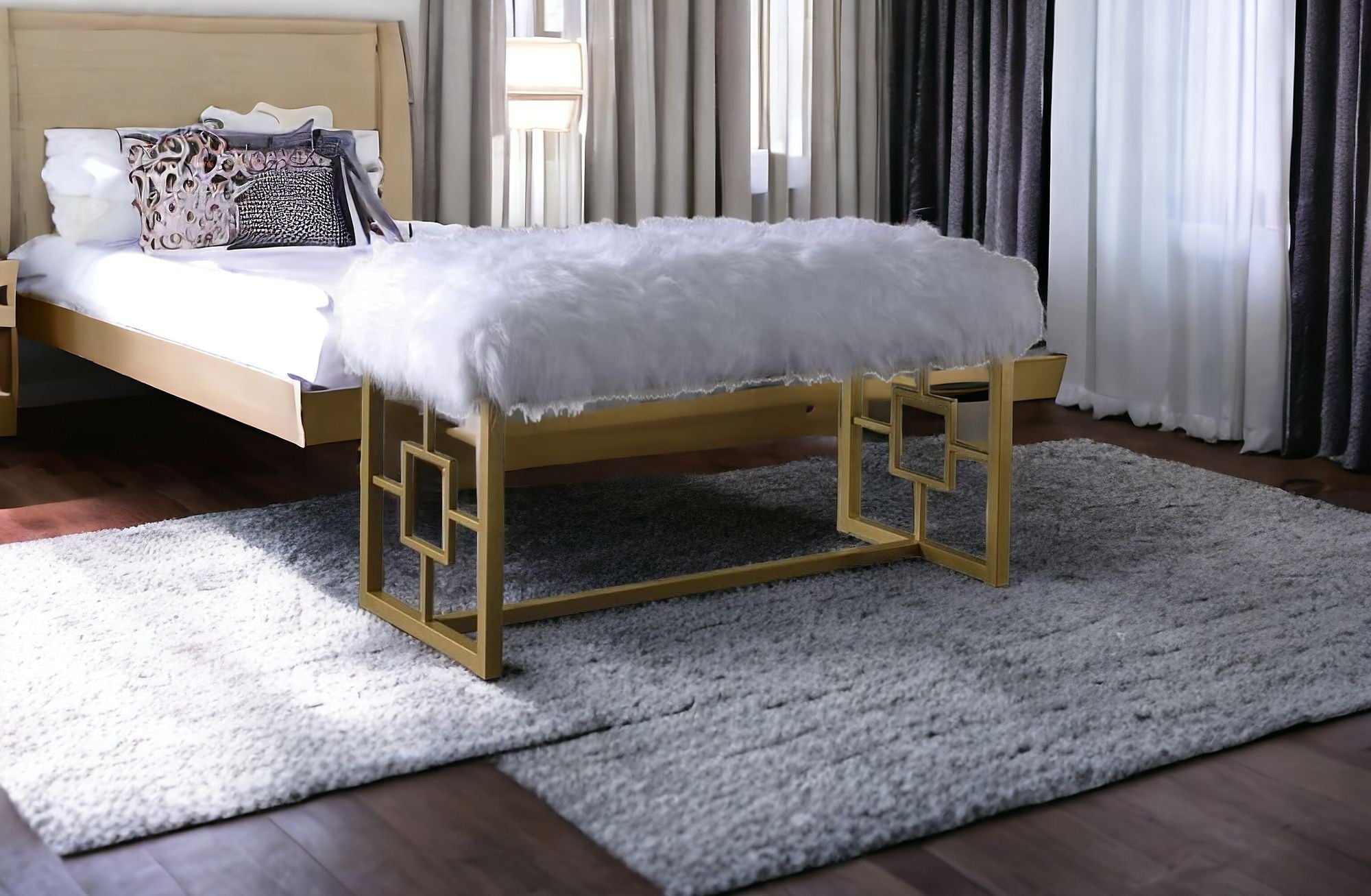 18" White and Gold Upholstered Faux Fur Bench