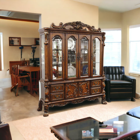 19" X 74" X 89" Cherry Oak Wood Poly Resin Glass Hutch  Buffet