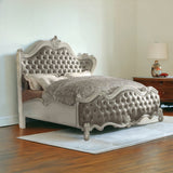 King Tufted Ivory And Gray Upholstered Faux Leather Bed With Nailhead Trim