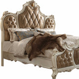 King Tufted Beige Upholstered Faux Leather Bed With Nailhead Trim