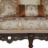 68" Cream And Brown Polyester Blend Damask Chesterfield Loveseat and Toss Pillows