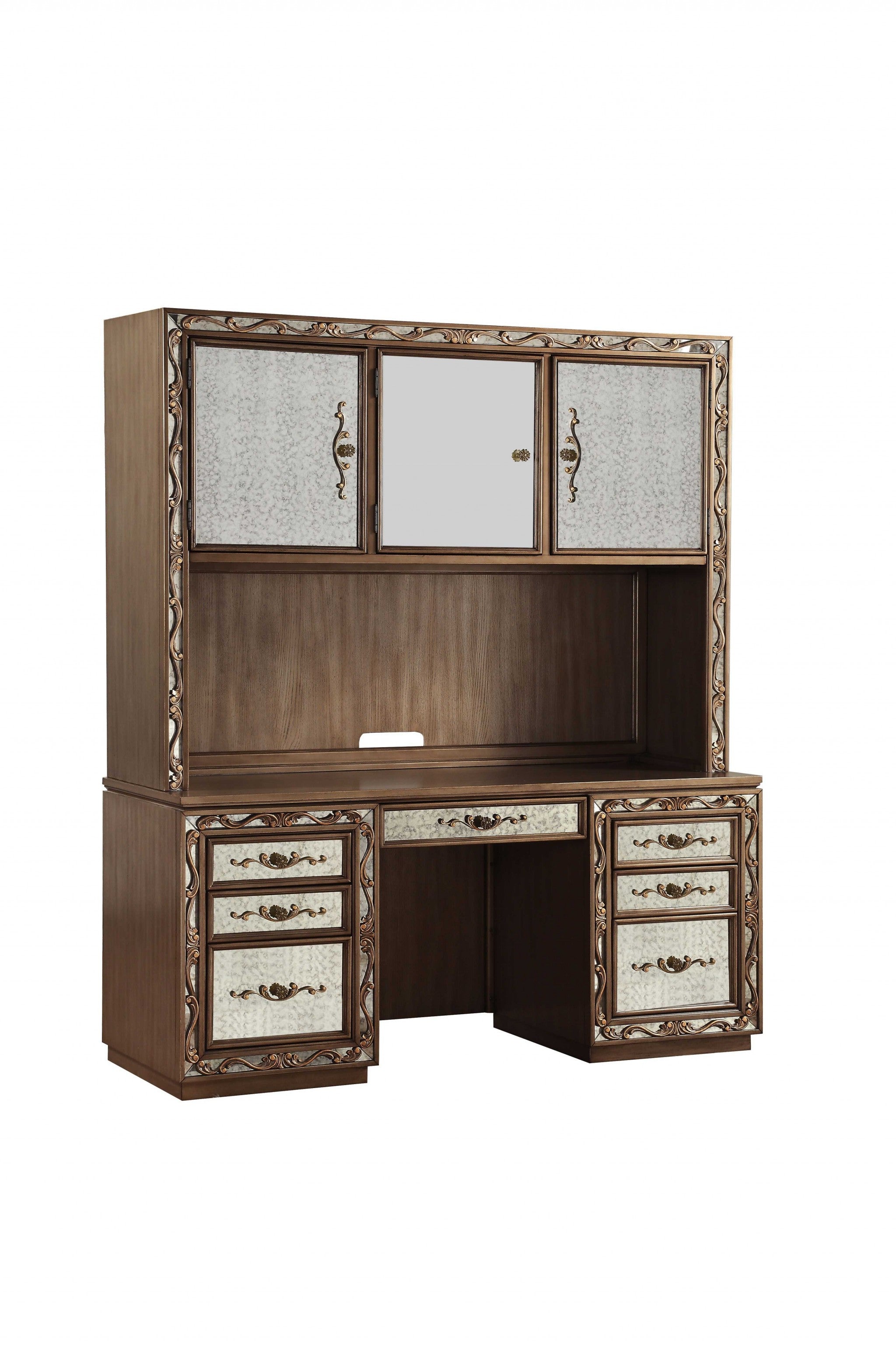 24" Gold Credenza Desk With Three Cabinets Seven Drawers