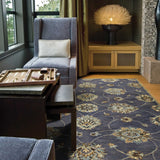 7' Midnight Blue Hand Tufted Wool Traditional Floral Indoor Runner Rug