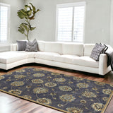 7' Midnight Blue Hand Tufted Wool Traditional Floral Indoor Runner Rug