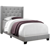 Solid Wood Twin Tufted Gray Upholstered Linen Bed With Nailhead Trim