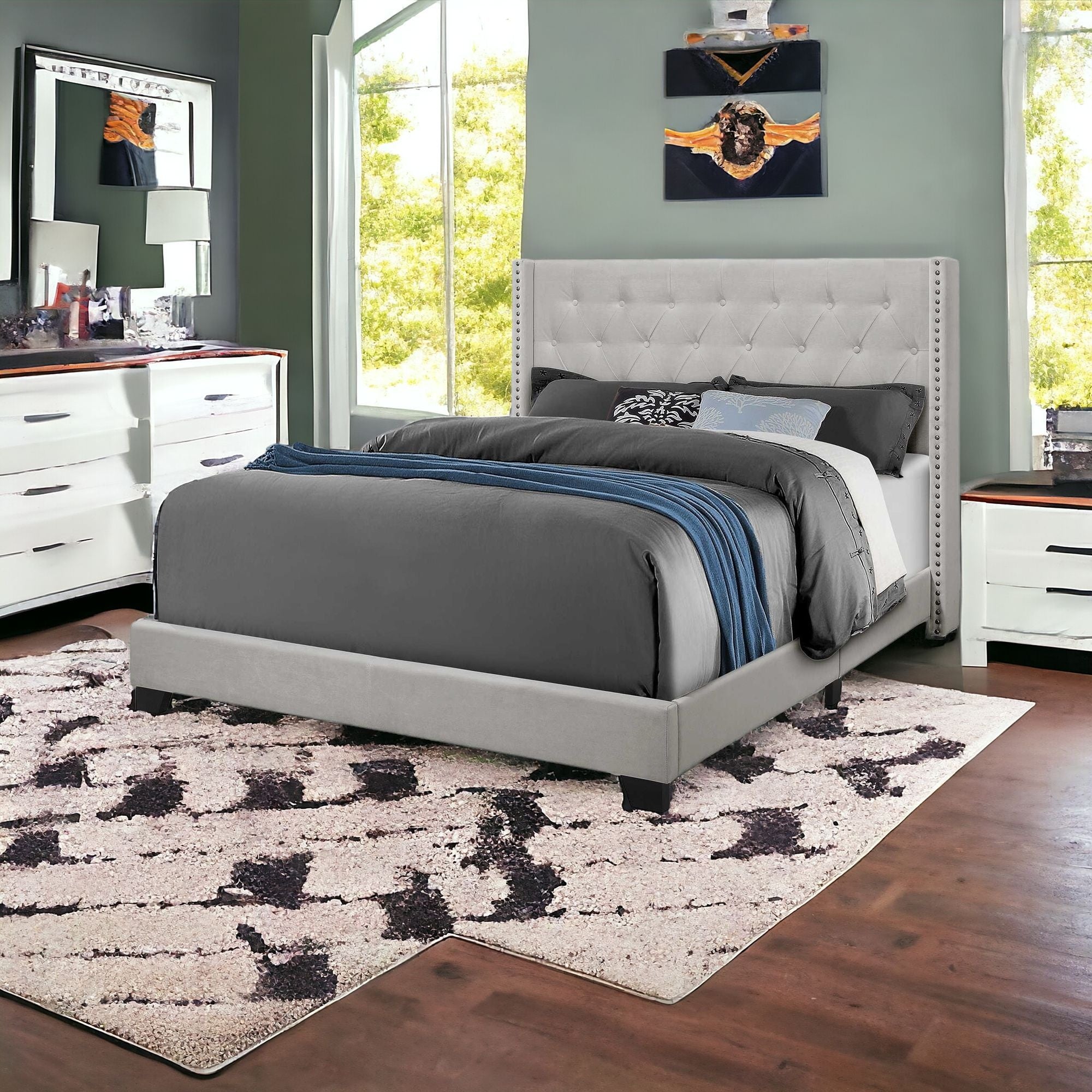 Solid Wood Queen Tufted Gray And Light Gray Upholstered Velvet Bed With Nailhead Trim