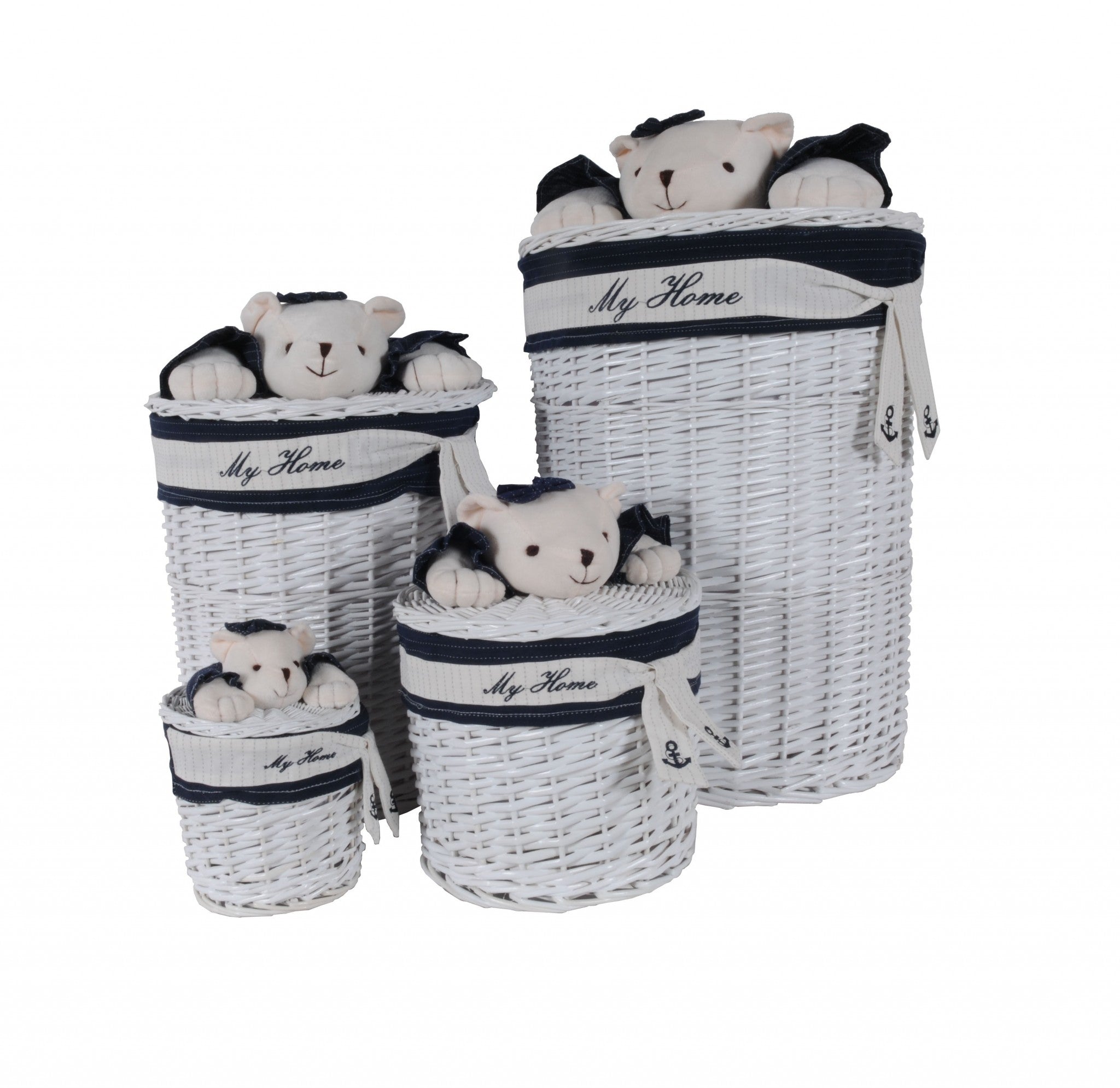 17.5" X 17.5" X 28" White blue Oval willow bear Design basket Set Of 4