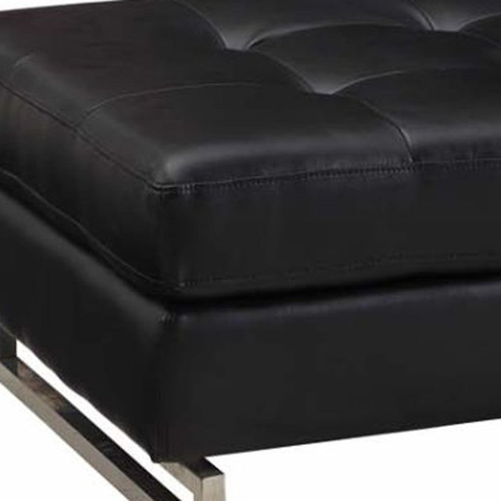 63" Black Faux Leather And Silver Ottoman